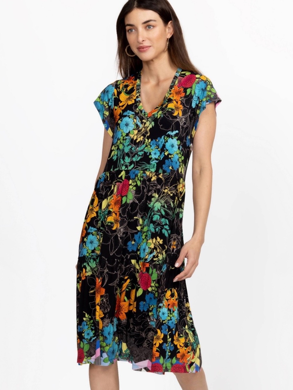 Johnny Was Nero Sequence Tiered Tea Length Floral Dress Black Multicolor